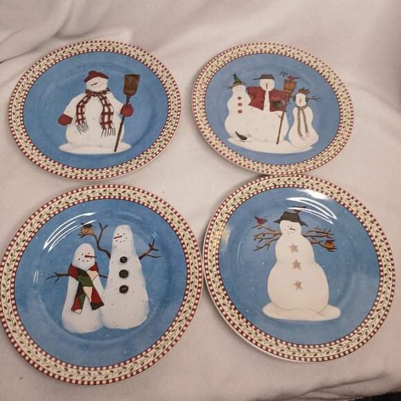 4 Salad Plates Sakura Debbie Mumm 4 Designs Snowman Vintage Stoneware 1997 Folk - Picture 6 of 13